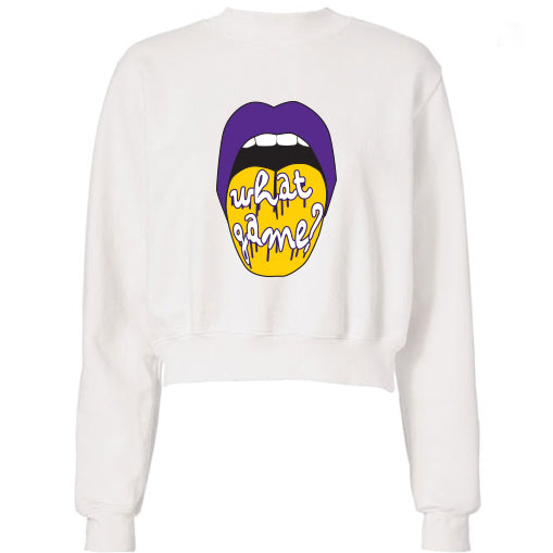 Purple & Yellow What Game Lips Cropped Sweatshirt