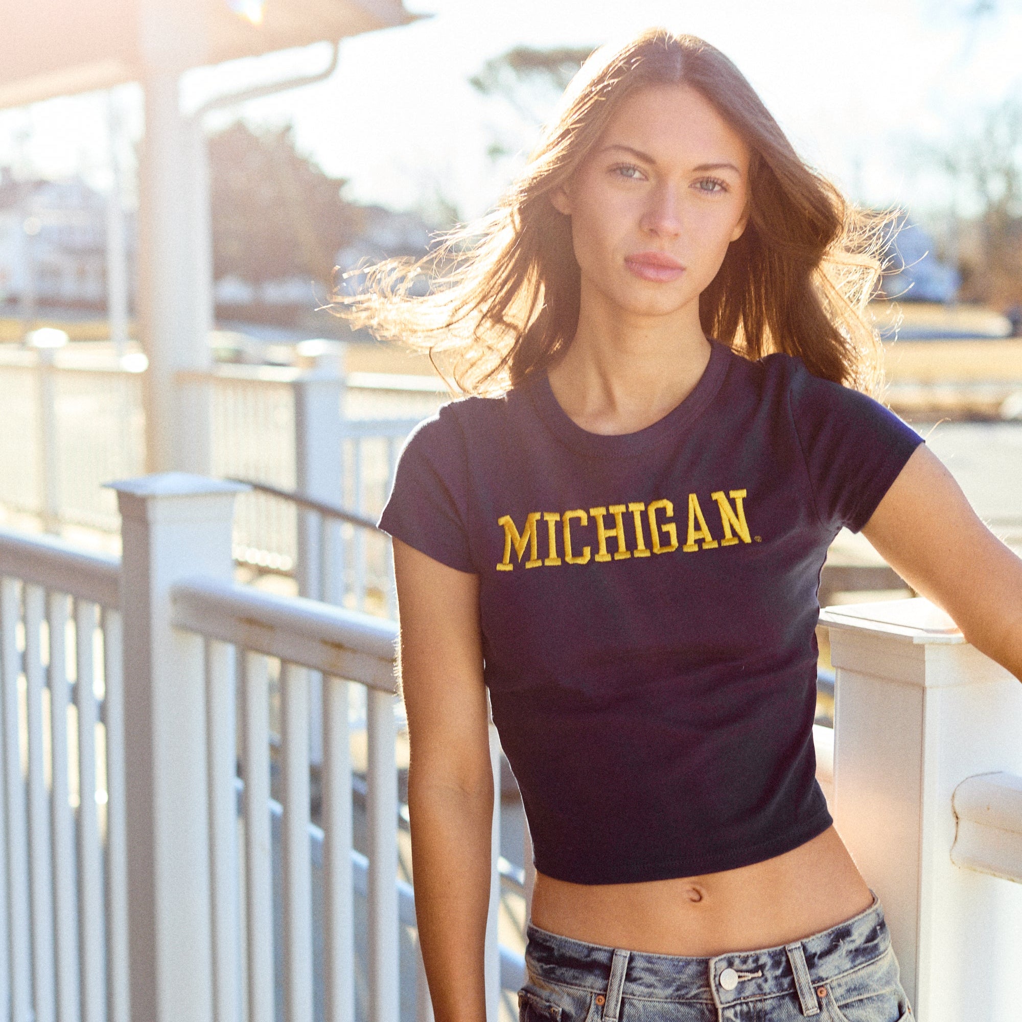 University of Michigan Navy Embroidered Baby Tee – lojobands