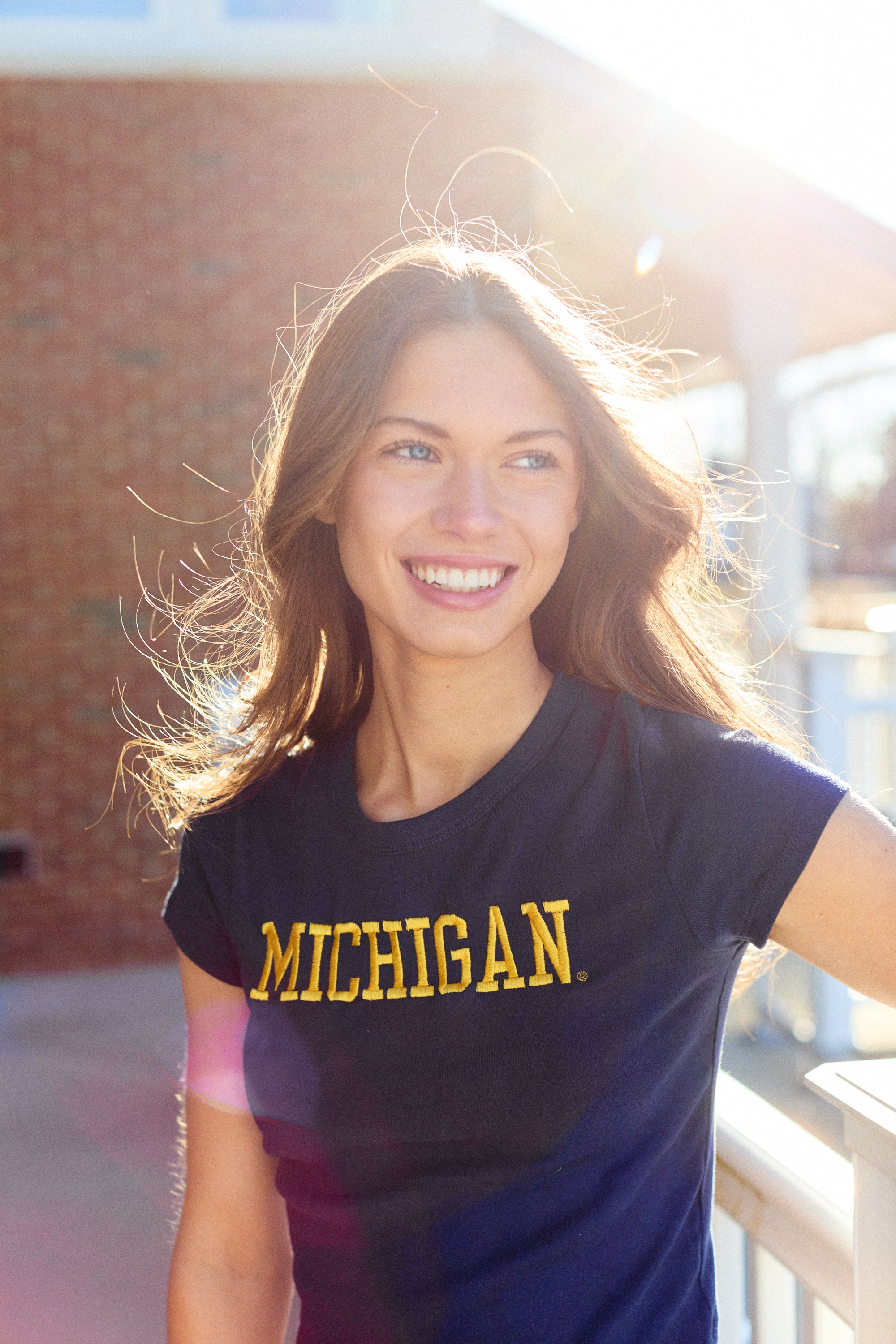 トップス knit logo baby tee University of Michigan Navy Embroidered Baby Tee – lojobands