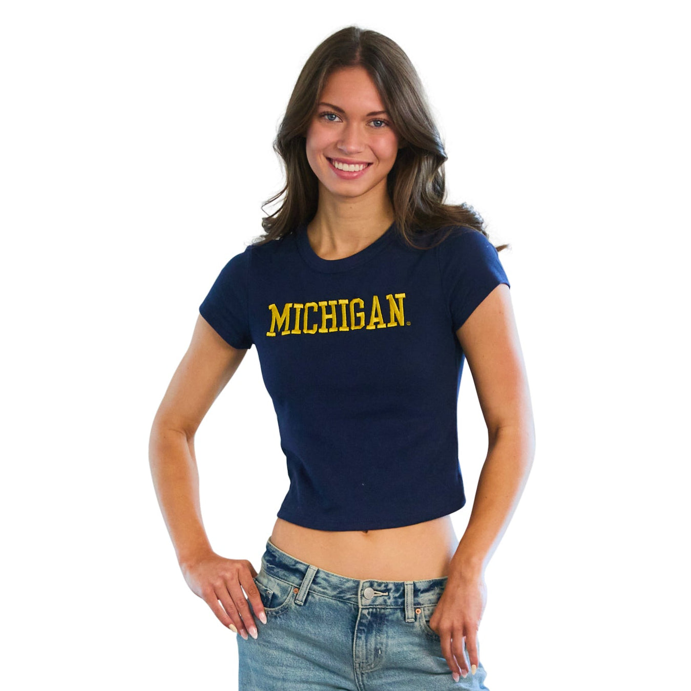 トップス knit logo baby tee University of Michigan Navy Embroidered Baby Tee – lojobands