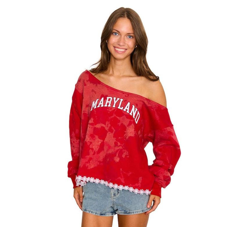 Maryland Terps Daisy Acid Wash Off the Shoulder Sweatshirt