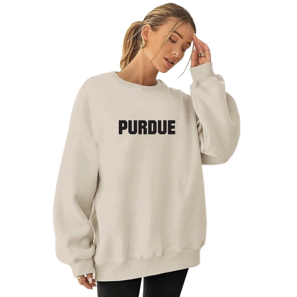 Purdue Embroidered Taupe Crewneck