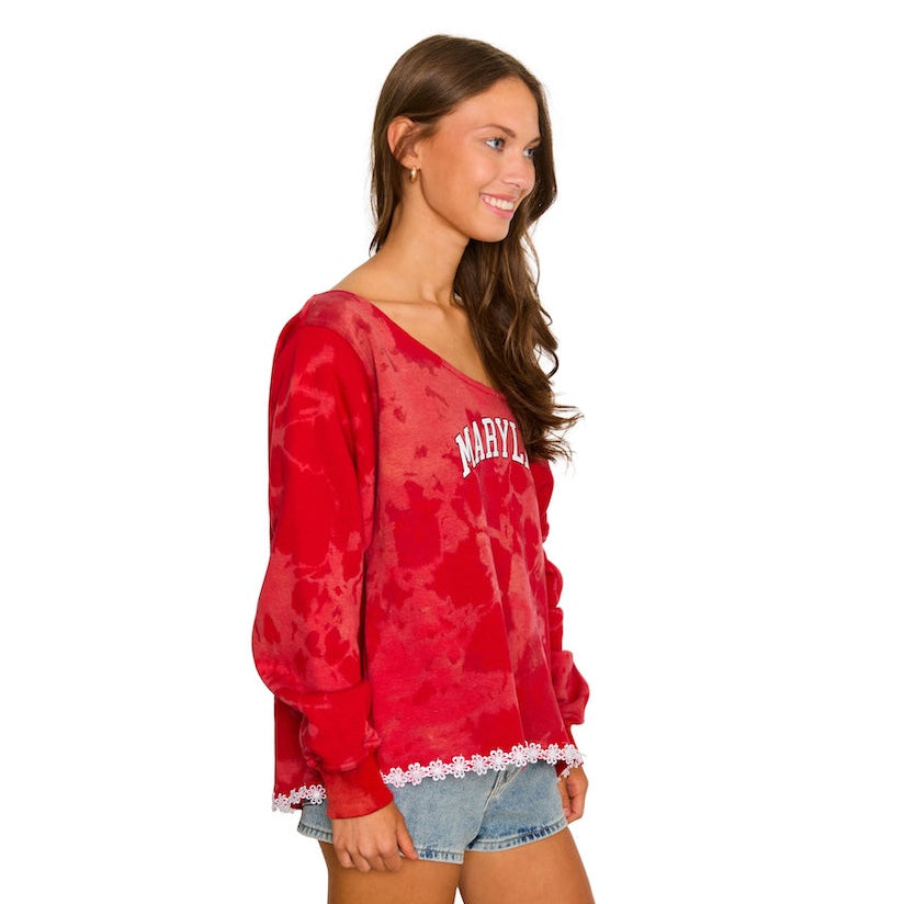 Maryland Terps Daisy Acid Wash Off the Shoulder Sweatshirt