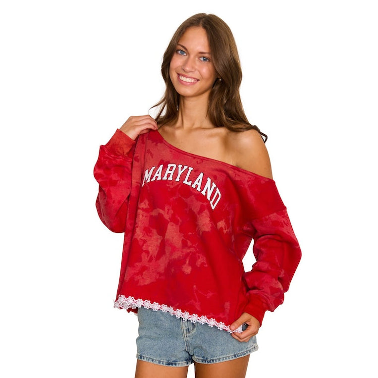 Maryland Terps Daisy Acid Wash Off the Shoulder Sweatshirt