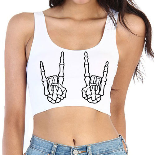 Skeleton Rock On White Crop Tank Top