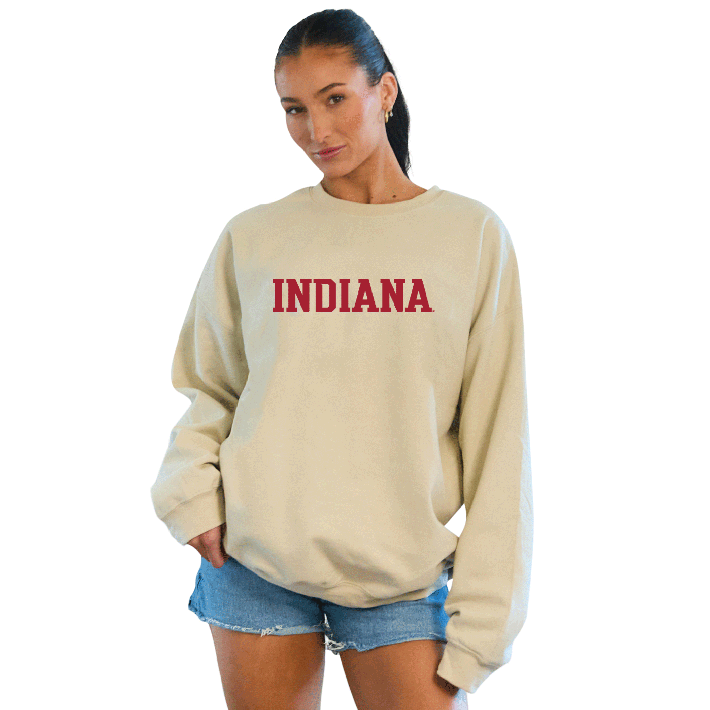 Indiana Hoosiers Embroidered Taupe Crewneck