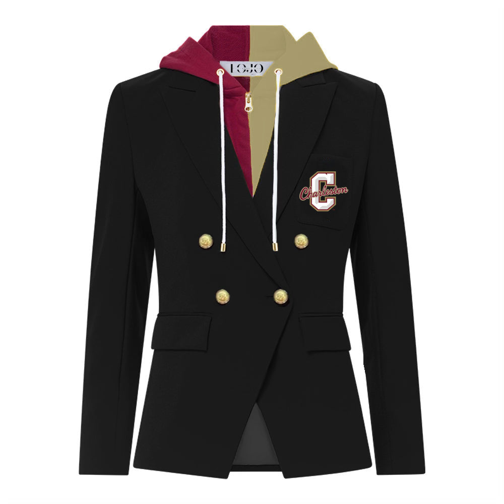 Black blazer with gold buttons and a hood, featuring a logo on the chest. charleston hooded blazer 