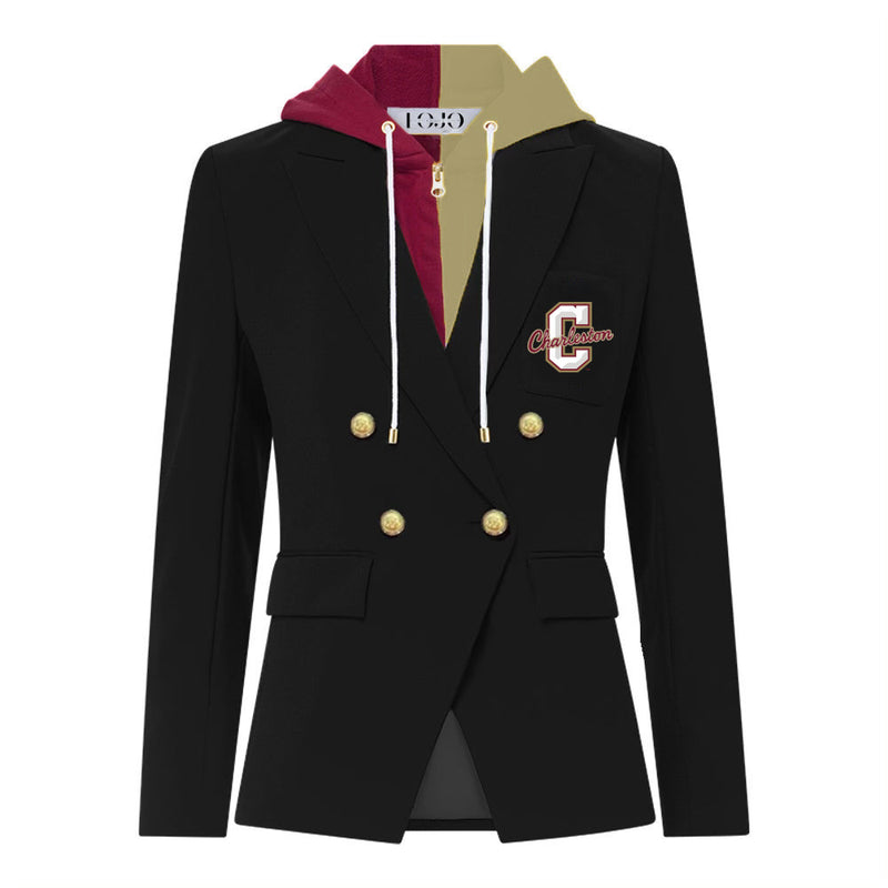 Black blazer with gold buttons and a hood, featuring a logo on the chest. charleston hooded blazer 