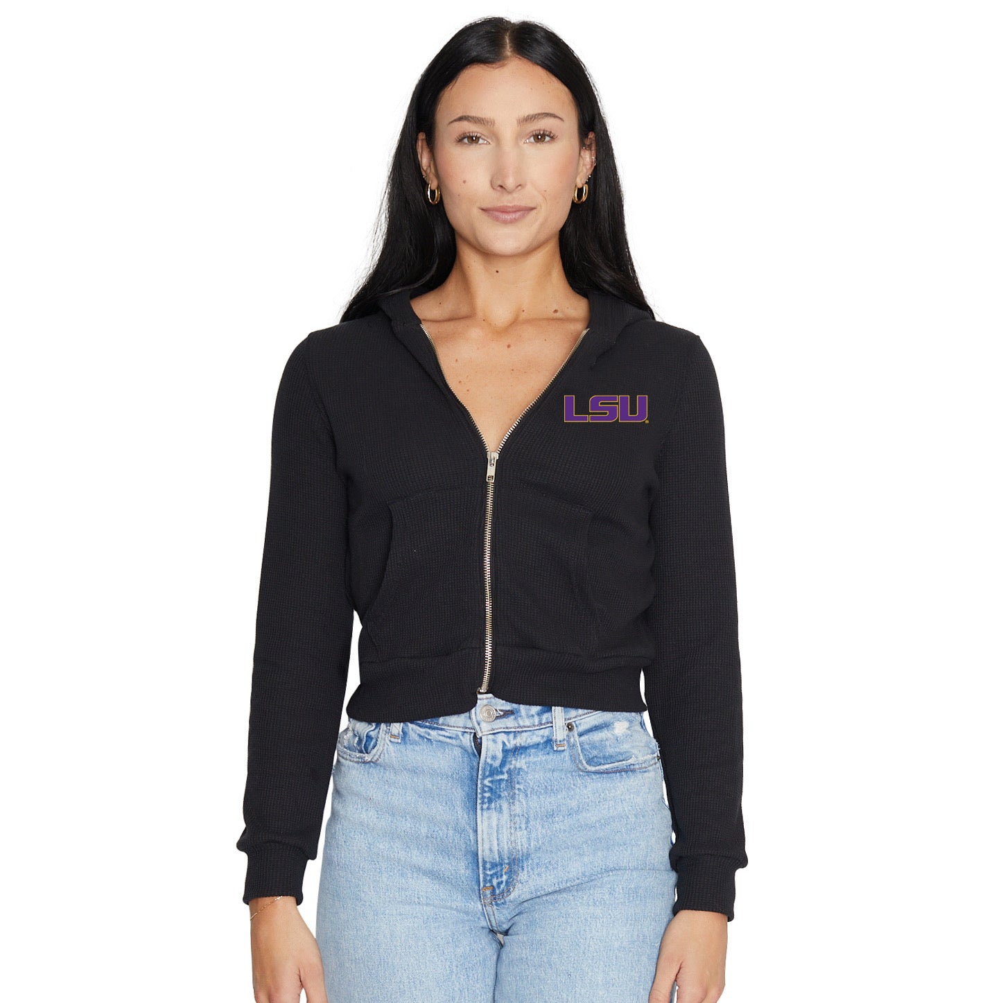 LSU Waffle Knit Zip Up Hoodie