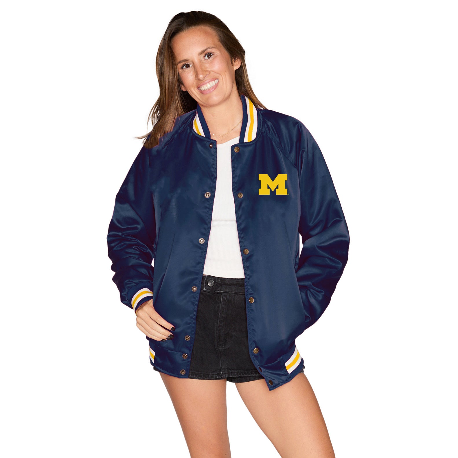 University of Michigan Navy Satin Letterman Bomber Jacket – lojobands