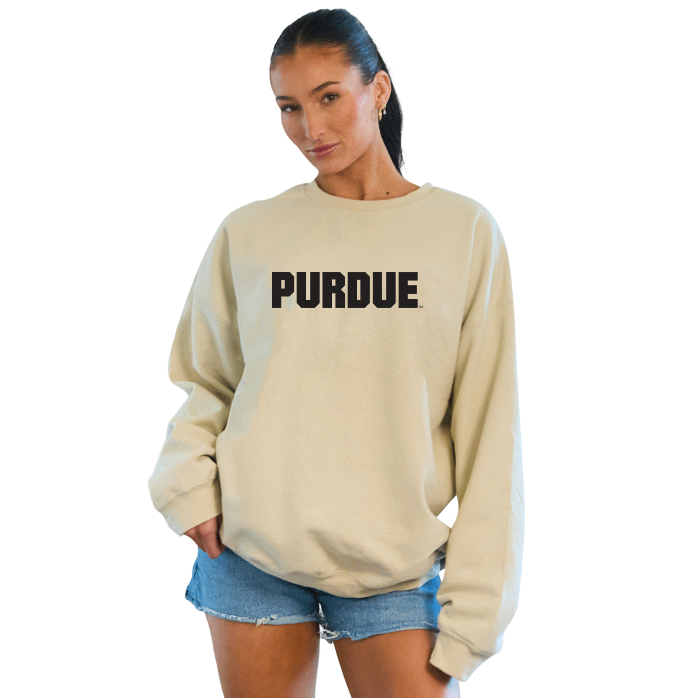 Purdue Embroidered Taupe Crewneck