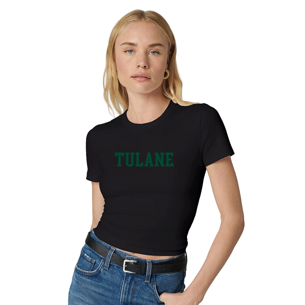 Tulane Black Embroidered Baby Tee