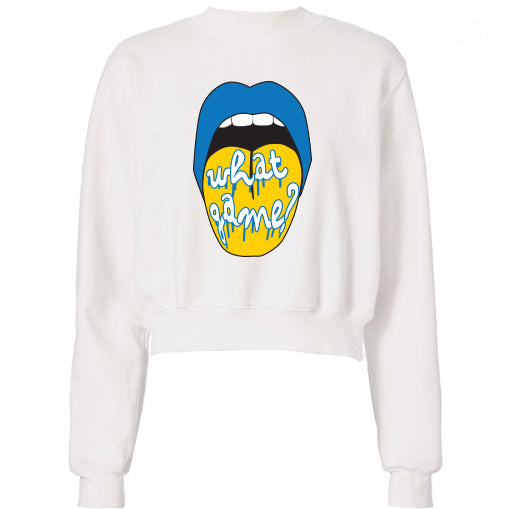 Blue & Yellow What Game Lips Cropped Sweatshirt
